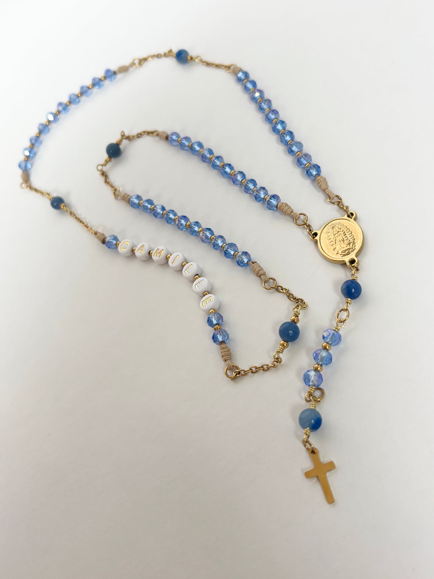 Chapelet CALME INTÉRIEUR - verre et Aventurine Bleue (prénom personnalisable)