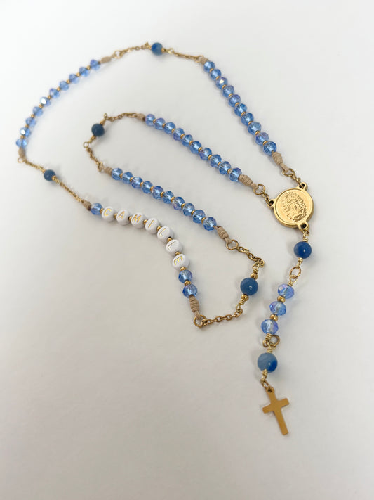 Chapelet CALME INTÉRIEUR - verre et Aventurine Bleue (prénom personnalisable)