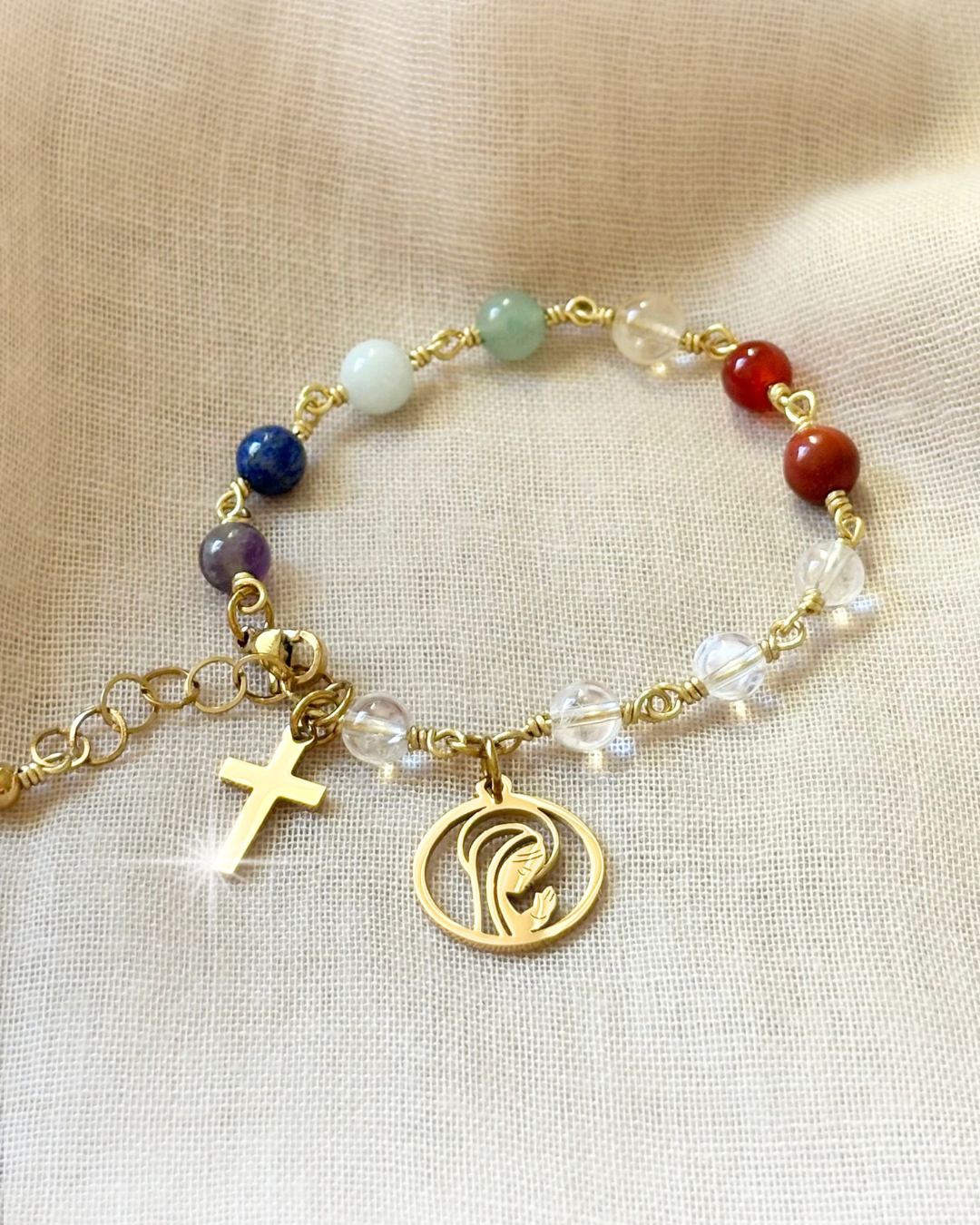 Dizainier 7 CHAKRAS — Jaspe Rouge, Cornaline, Citrine, Aventurine Verte, Aigue-Marine, Lapis-Lazuli, Améthyste & Cristal de Roche