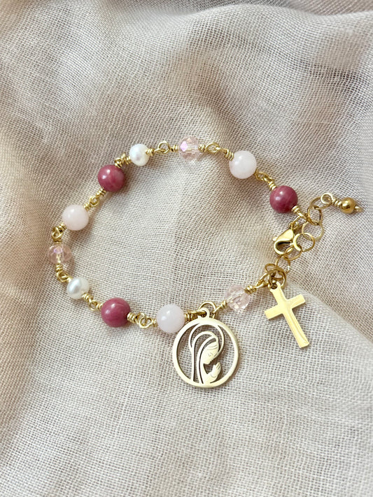 Dizainier AMOUR - Rhodonite, Quartz Rose, Perle d'eau douce et Perle de verre